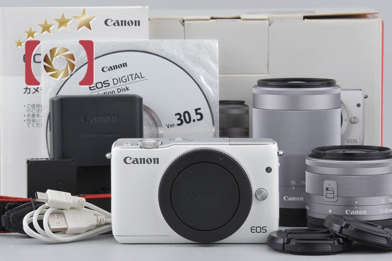 Used Canon EOS M10 Double Zoom Lens Kit White with Original Box