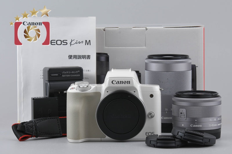 【中古】Canon キヤノン EOS Kiss M ダブルズームキット ホワイト 元箱付き