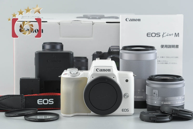 [Used] Canon EOS Kiss M Double Zoom Lens Kit White with Original Box