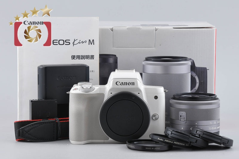 【中古】Canon キヤノン EOS Kiss M ダブルズームキット ホワイト シャッター回数僅少 元箱付き