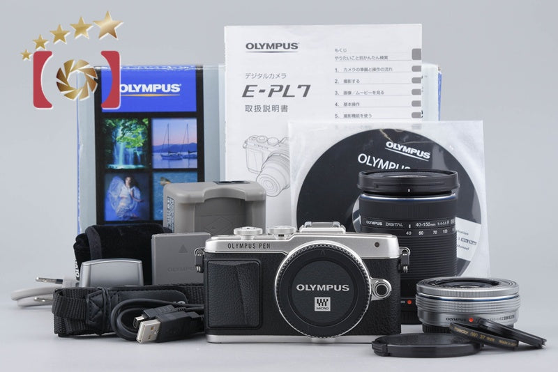 【中古】OLYMPUS オリンパス PEN Lite E-PL7 EZ ダブルズームキット シルバー シャッター回数僅少 元箱付き