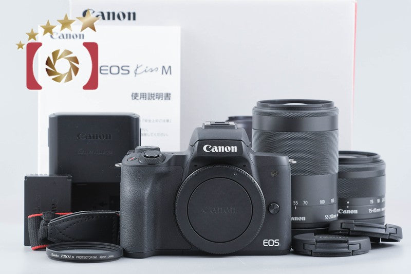 【中古】Canon キヤノン EOS Kiss M ダブルズームキット ブラック シャッター回数僅少 元箱付き