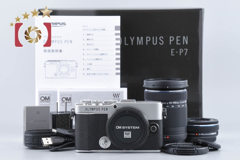 【中古】OLYMPUS オリンパス PEN E-P7 EZ ダブルズームキット シルバー シャッター回数僅少 元箱付き