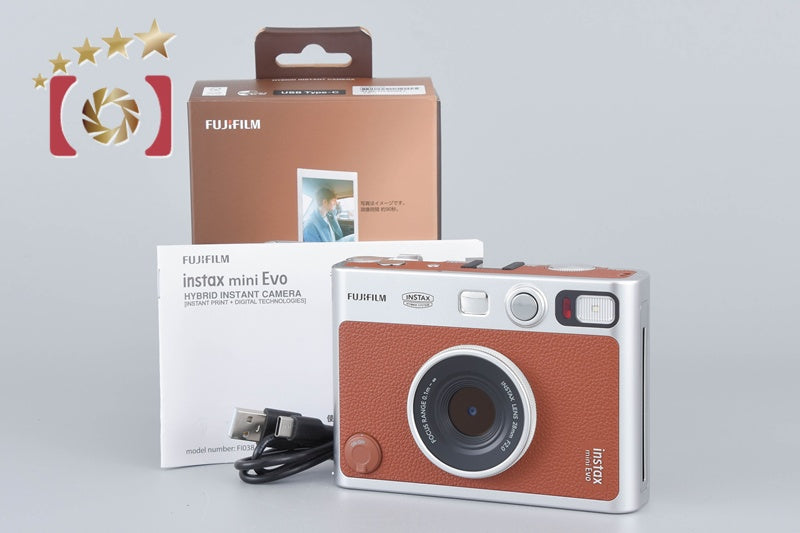 【中古】FUJIFILM 富士フイルム instax Mini Evo ブラウン インスタントカメラ 元箱付き