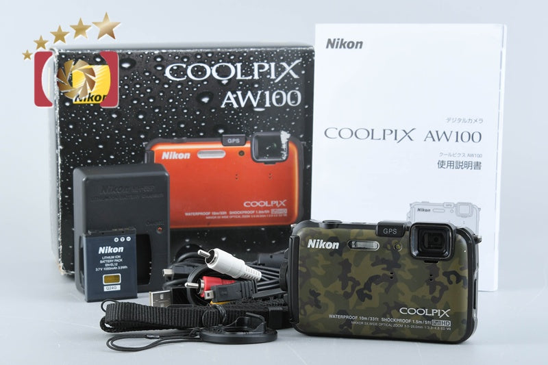 Used] Nikon COOLPIX AW100 Forest Camouflage Compact Digital Camera with Original Box